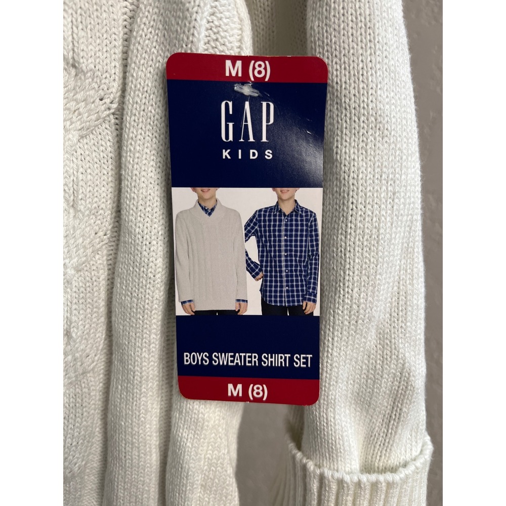 GAP Kids Boys Sweater Shirt Set Size M(8) White Knit Cable Collared Outfit - Picture 2 of 2